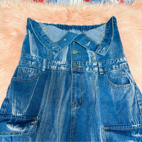 Button Up Strapless Pockets Straight Leg Denim Jumpsuit-Blue Sz M - Picture 3 of 11